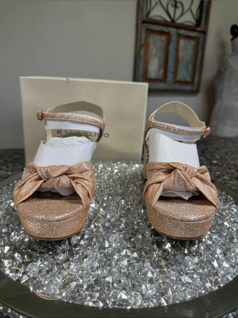 Bandolino Rose Gold Glitter Knotted Platform heels NEW 7